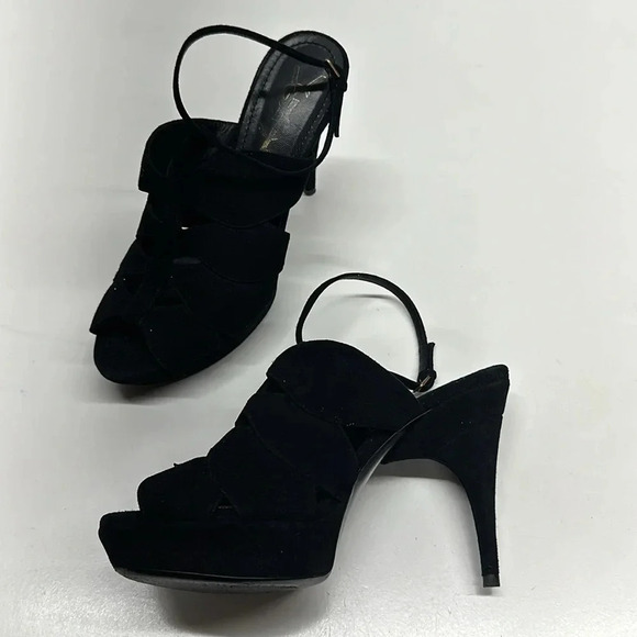 Yves Saint Laurent YSL High Heels Shoes Open Toe T-Strap Suede Black Size 37 / 7 - Picture 1 of 11